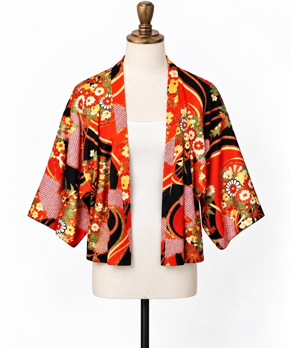 Vintage Kimono Open Cardigan Top Sz Small Medium Orange/Red Floral Asian Retro